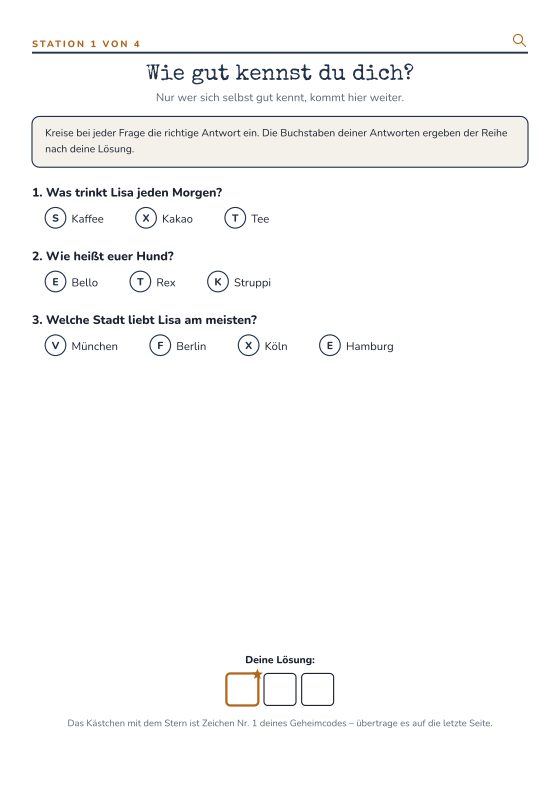 Beispiel-Station: Quiz „Wie gut kennst du dich?“ im Detektiv-Design